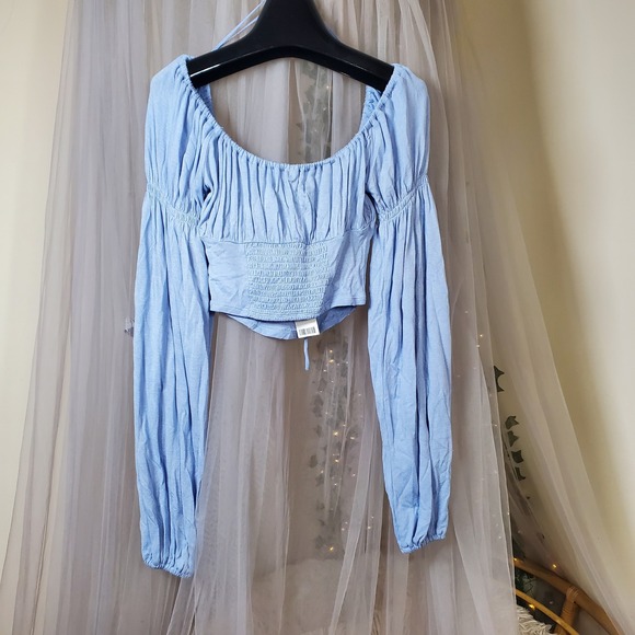 Urban Outfitters Baby Blue Boho Y2K Crop Top Hippie Peasant Gigot Sleeve 90s S - Picture 4 of 7